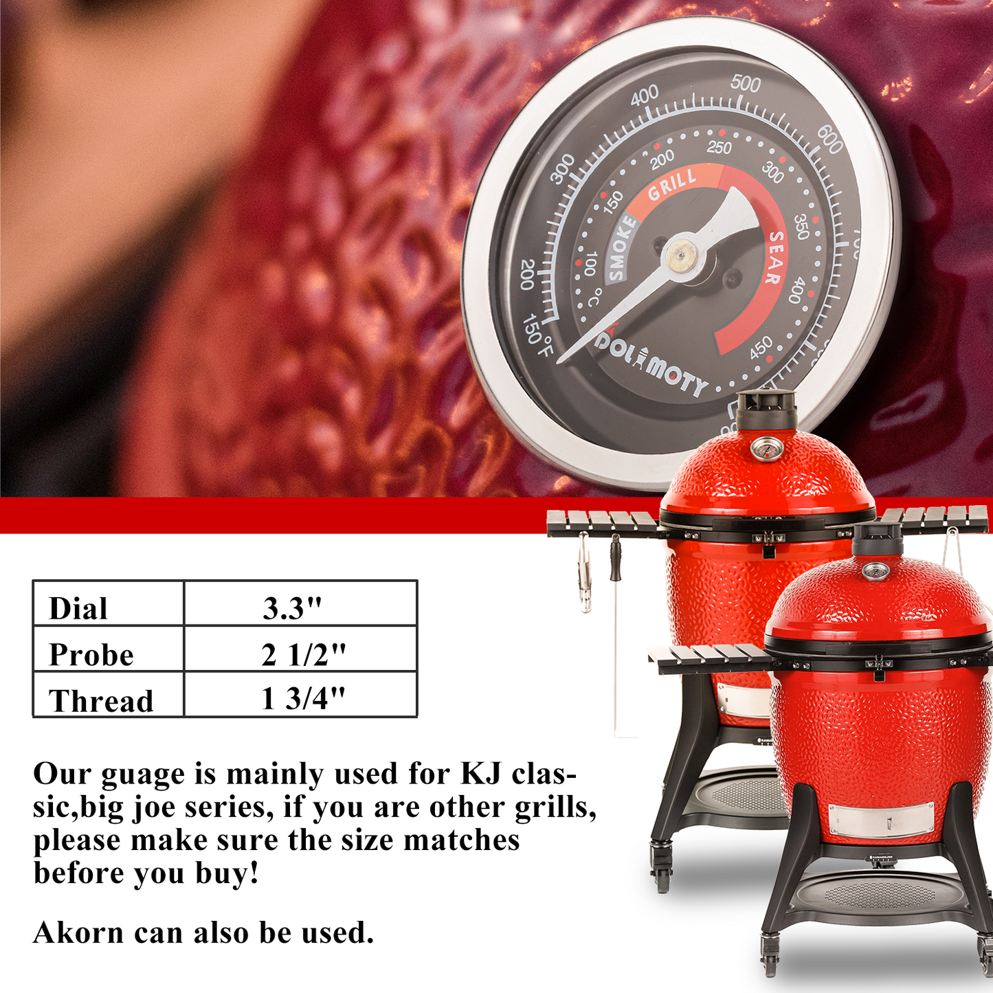 Thermometer Replacement for Kamado Joe classic and big joe with 3.3 inch Big Dial-Thermometer for Oven Wood Stove Accessories